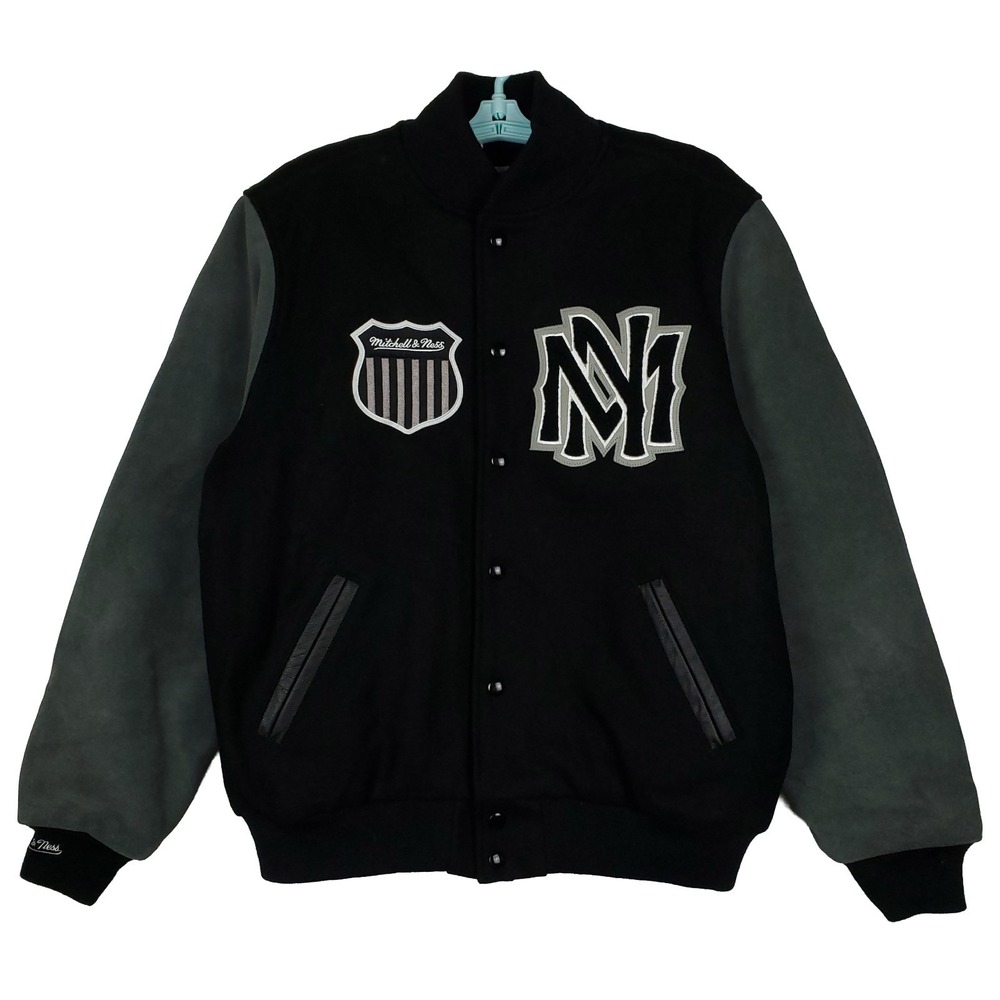 Mitchell &‎ Ness Medium Varsity Jacket Chenille Logos Black Wool Gray Suede NWT